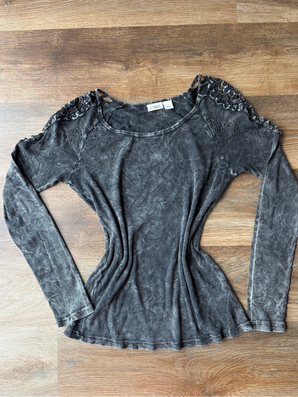 Cato Women's Acid Washed Black Long-Sleeve Bling Lace Shoulder Top